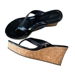 UGG Natassia Patent Leather Cork Wedge Sandals Size 6.5 in Black